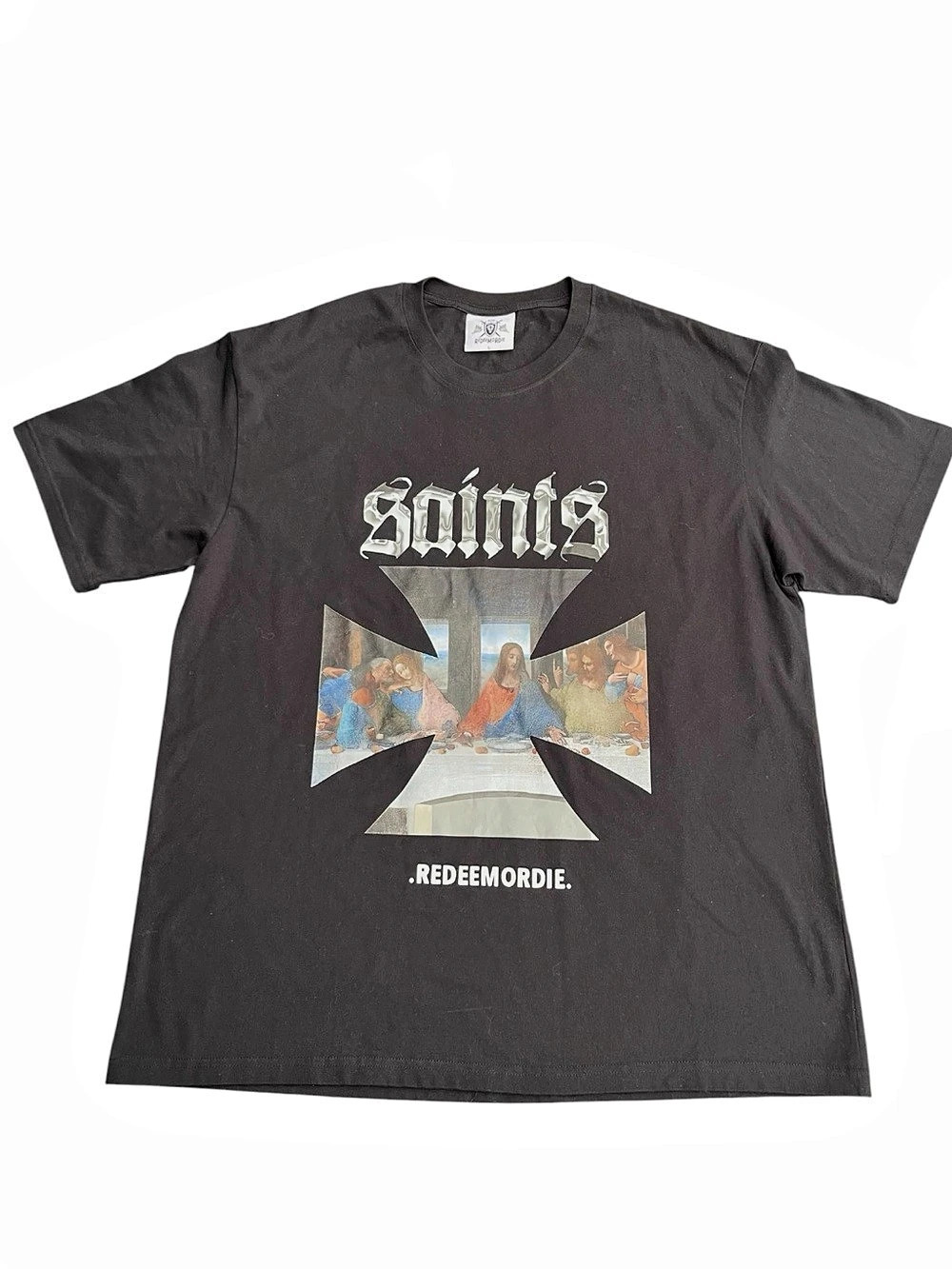 Redeemordie Black Cotton Saints Graphic Short Sleeve Tee (L)